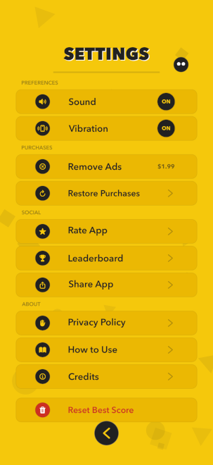 Falling Angry Ball Settings Screen
